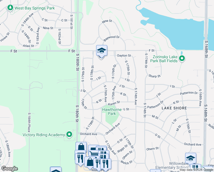 map of restaurants, bars, coffee shops, grocery stores, and more near 4509 S 176th Ave in Omaha