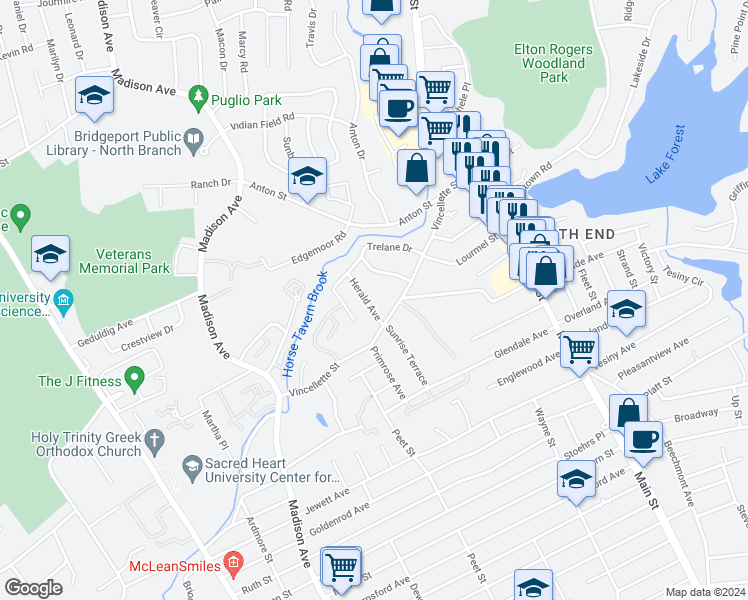 map of restaurants, bars, coffee shops, grocery stores, and more near 58 Herald Avenue in Bridgeport