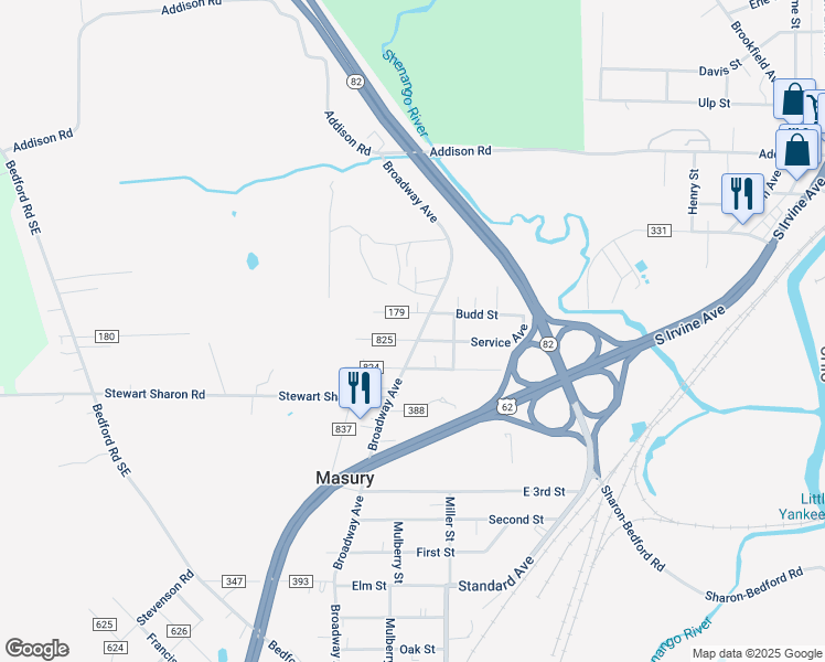 map of restaurants, bars, coffee shops, grocery stores, and more near 1036 Broadway Avenue in Masury