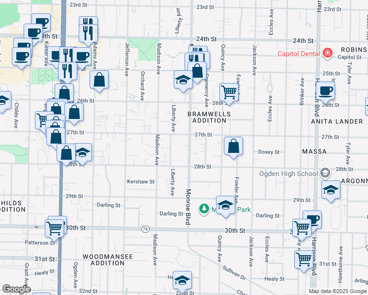 map of restaurants, bars, coffee shops, grocery stores, and more near 2731 Monroe Boulevard in Ogden
