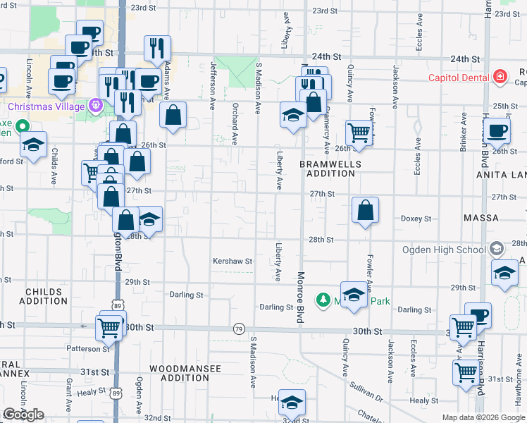 map of restaurants, bars, coffee shops, grocery stores, and more near 2736 Madison Avenue in Ogden