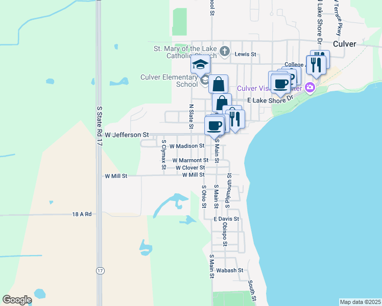 map of restaurants, bars, coffee shops, grocery stores, and more near South Slate Street in Culver
