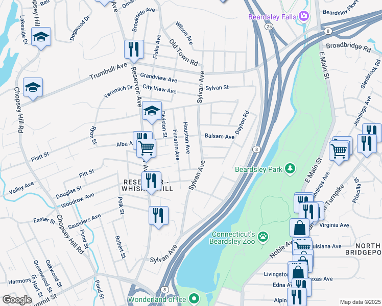 map of restaurants, bars, coffee shops, grocery stores, and more near 70 Houston Avenue in Bridgeport