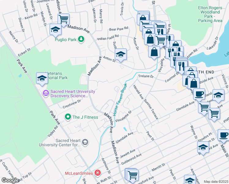 map of restaurants, bars, coffee shops, grocery stores, and more near 19 Abner Court in Bridgeport