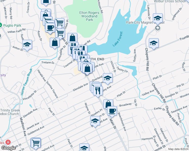 map of restaurants, bars, coffee shops, grocery stores, and more near 43 Hallock Street in Bridgeport