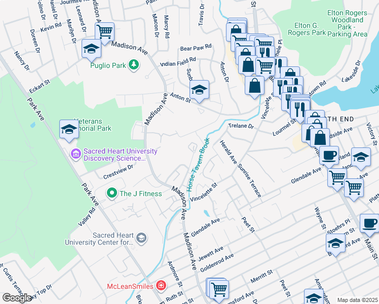 map of restaurants, bars, coffee shops, grocery stores, and more near 19 Abner Court in Bridgeport