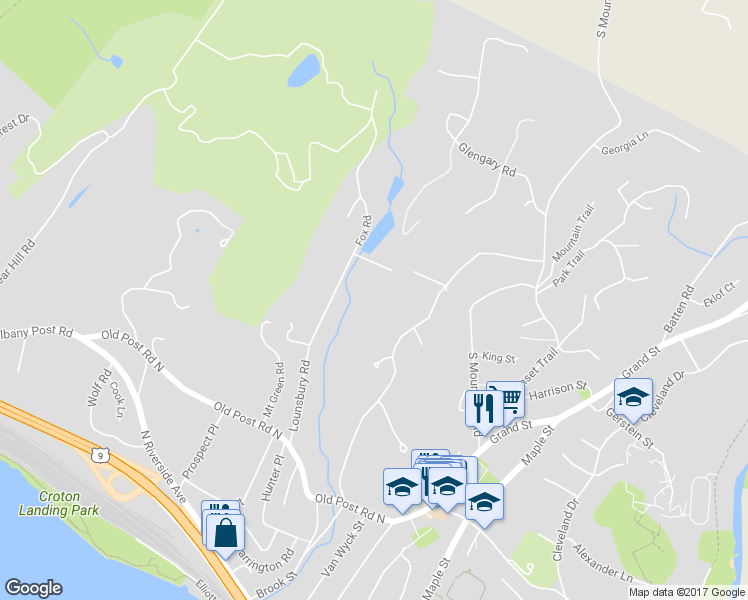 map of restaurants, bars, coffee shops, grocery stores, and more near 44 Lounsbury Road in Croton-on-Hudson
