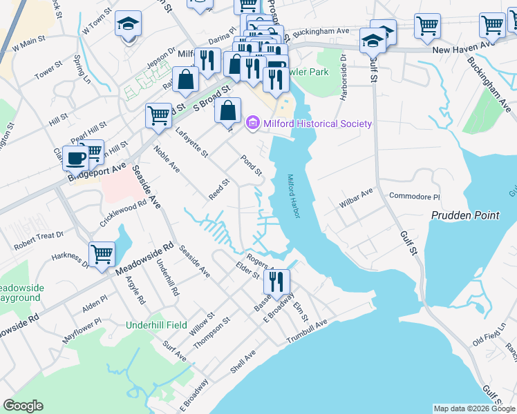 map of restaurants, bars, coffee shops, grocery stores, and more near 20 Rogers Avenue in Milford
