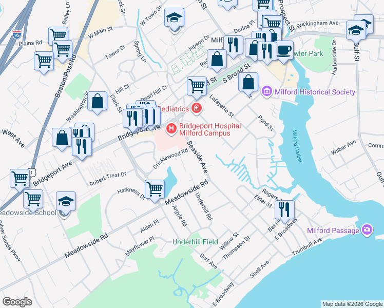 map of restaurants, bars, coffee shops, grocery stores, and more near 256 Seaside Avenue in Milford