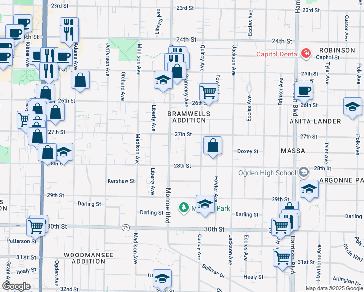 map of restaurants, bars, coffee shops, grocery stores, and more near 2737 Gramercy Avenue in Ogden