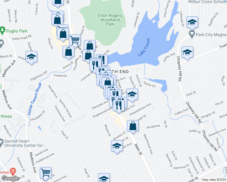 map of restaurants, bars, coffee shops, grocery stores, and more near 43 Hallock Street in Bridgeport