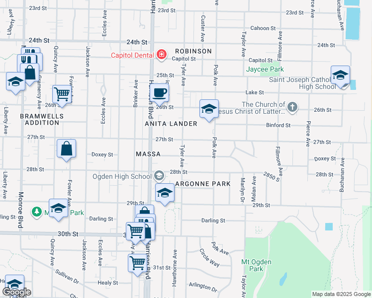 map of restaurants, bars, coffee shops, grocery stores, and more near 2726 Tyler Avenue in Ogden