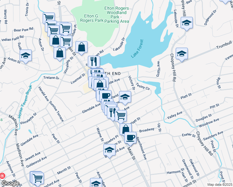 map of restaurants, bars, coffee shops, grocery stores, and more near 144 Overland Avenue in Bridgeport