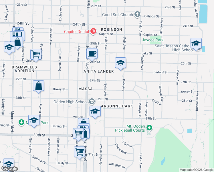 map of restaurants, bars, coffee shops, grocery stores, and more near 2726 Tyler Avenue in Ogden