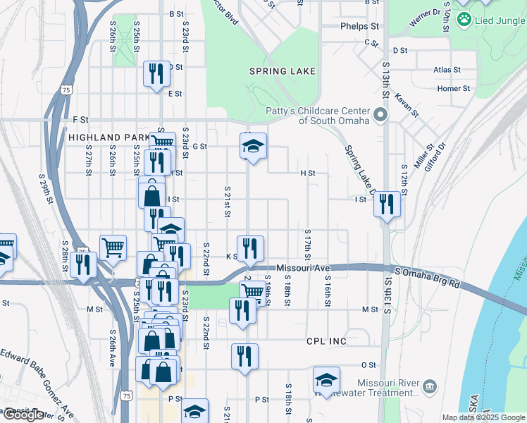 map of restaurants, bars, coffee shops, grocery stores, and more near 4415 South 20th Street in Omaha