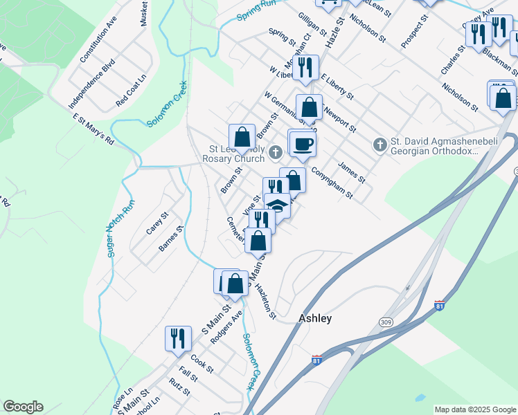 map of restaurants, bars, coffee shops, grocery stores, and more near 33 Ashley St in Ashley