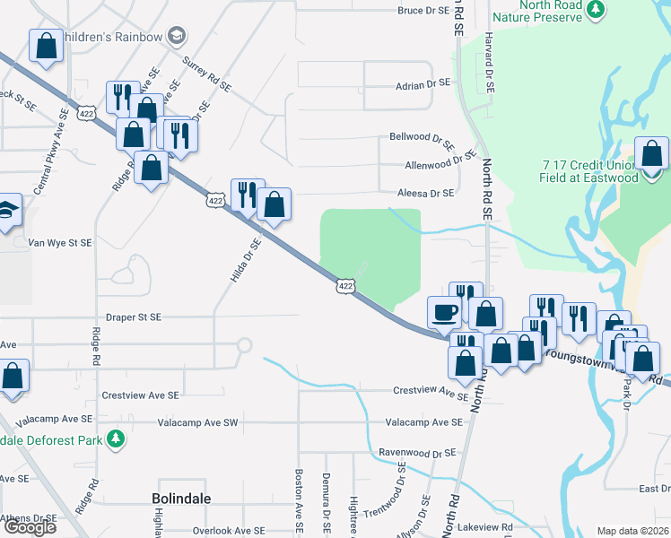 map of restaurants, bars, coffee shops, grocery stores, and more near 4045 Youngstown Road Southeast in Warren