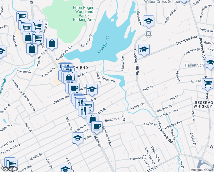map of restaurants, bars, coffee shops, grocery stores, and more near 75 Norland Avenue in Bridgeport