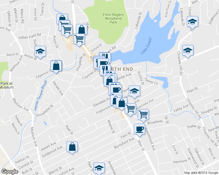 map of restaurants, bars, coffee shops, grocery stores, and more near 4031 Main St in Bridgeport
