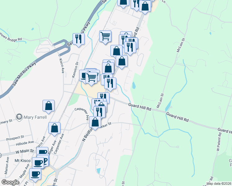 map of restaurants, bars, coffee shops, grocery stores, and more near 308 Sutton Drive in Mount Kisco