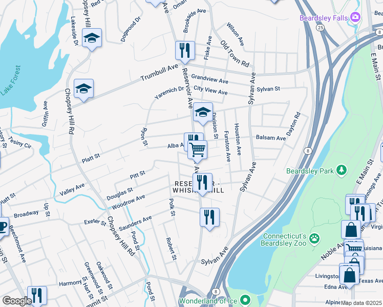 map of restaurants, bars, coffee shops, grocery stores, and more near 34 Lansing Place in Bridgeport