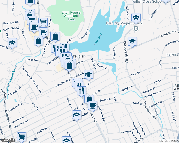 map of restaurants, bars, coffee shops, grocery stores, and more near 75 Overland Avenue in Bridgeport