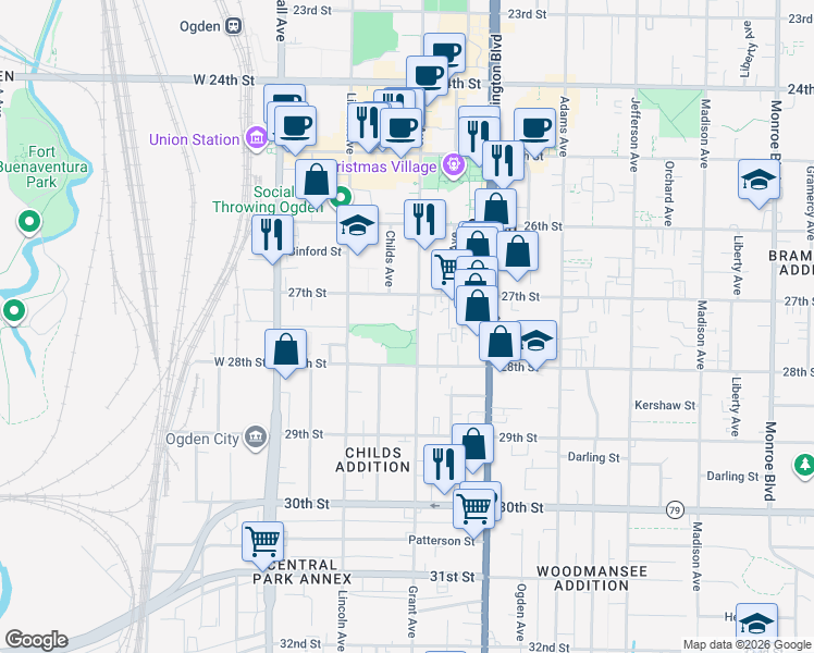 map of restaurants, bars, coffee shops, grocery stores, and more near 2745 Grant Avenue in Ogden