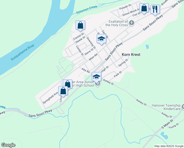 map of restaurants, bars, coffee shops, grocery stores, and more near 1600 Sans Souci Parkway in Wilkes-Barre