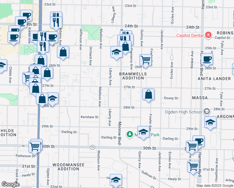 map of restaurants, bars, coffee shops, grocery stores, and more near 2731 Monroe Boulevard in Ogden