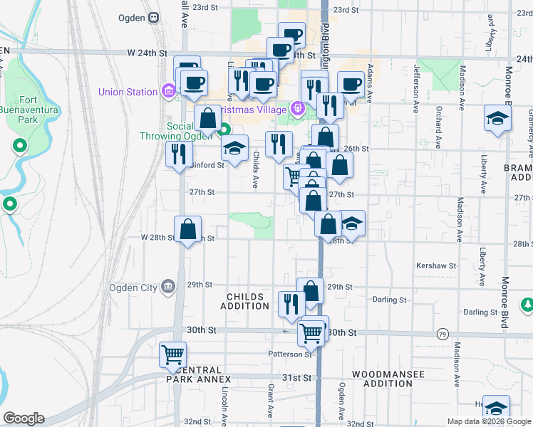 map of restaurants, bars, coffee shops, grocery stores, and more near 2745 Grant Avenue in Ogden