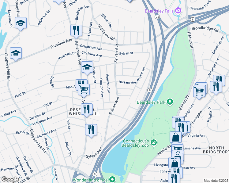 map of restaurants, bars, coffee shops, grocery stores, and more near 70 Houston Avenue in Bridgeport