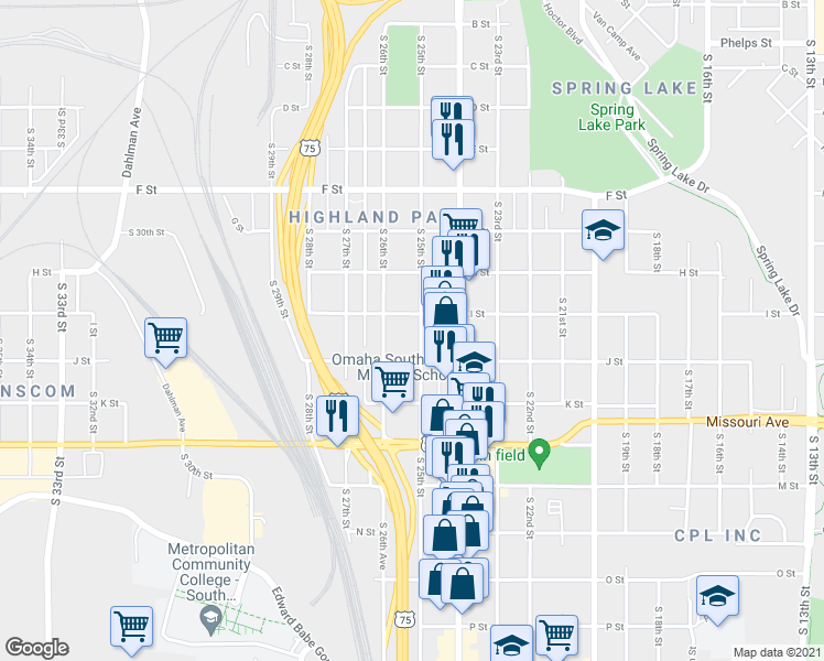 map of restaurants, bars, coffee shops, grocery stores, and more near in Omaha