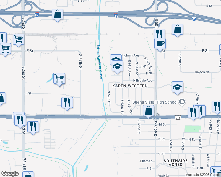 map of restaurants, bars, coffee shops, grocery stores, and more near 4422 South 62nd Avenue in Omaha