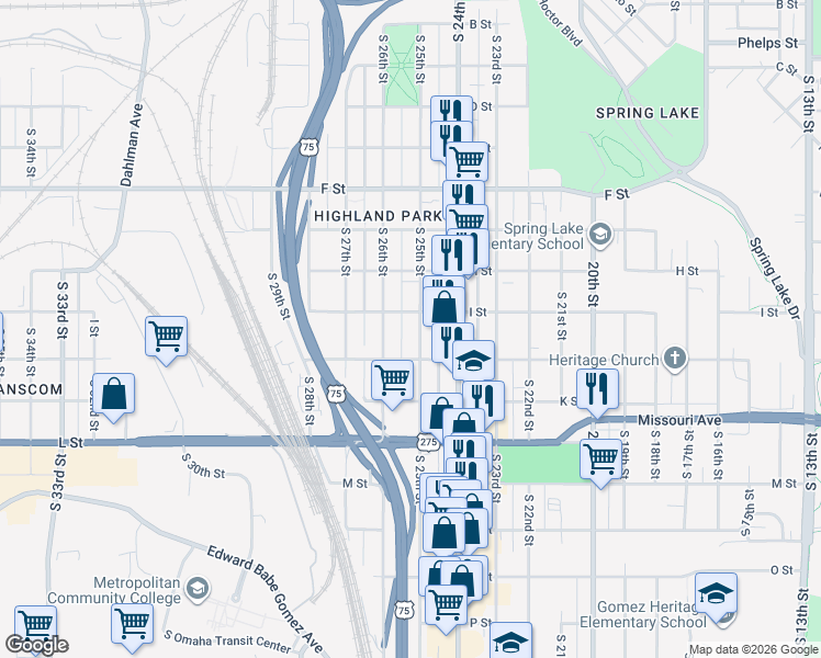 map of restaurants, bars, coffee shops, grocery stores, and more near in Omaha