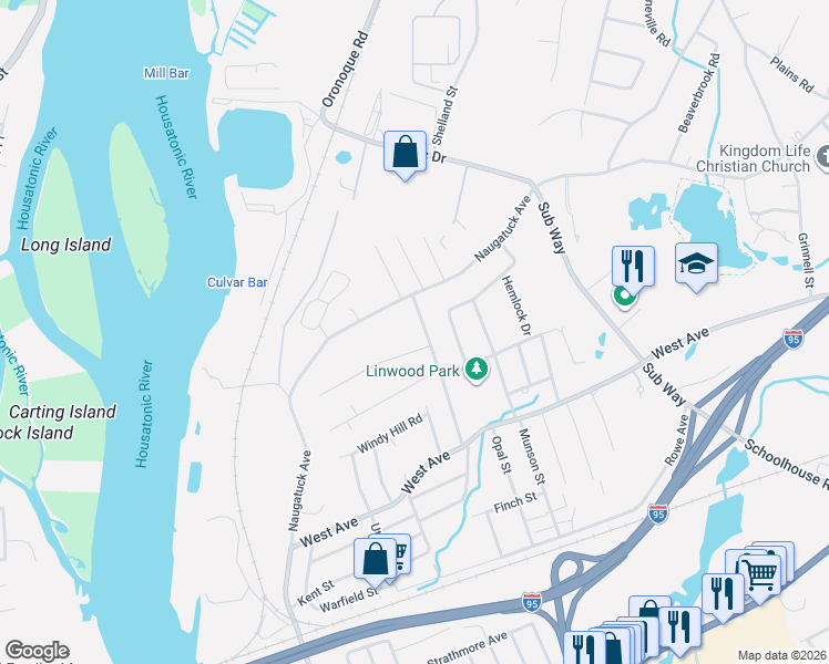 map of restaurants, bars, coffee shops, grocery stores, and more near 98 Linwood Street in Milford