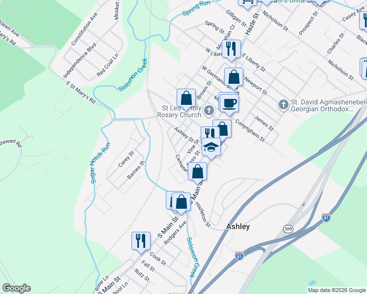 map of restaurants, bars, coffee shops, grocery stores, and more near 13 Timpson Street in Ashley