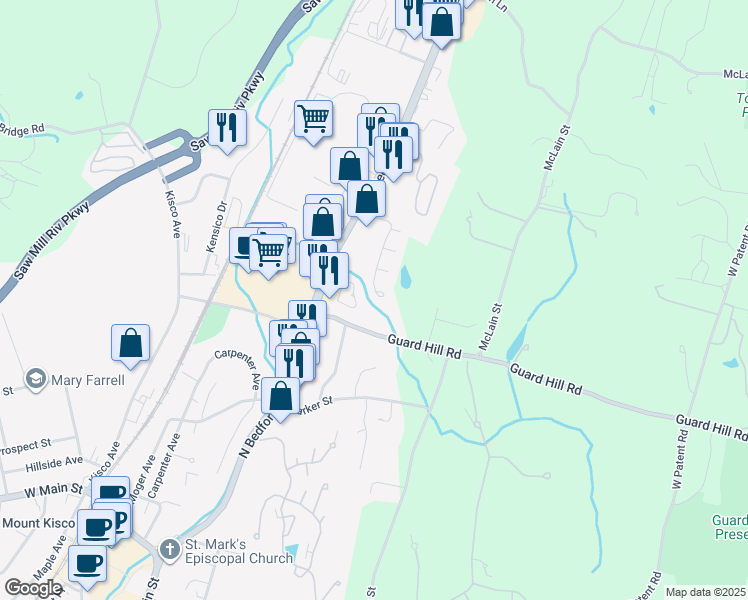 map of restaurants, bars, coffee shops, grocery stores, and more near 87 Park Drive in Mount Kisco