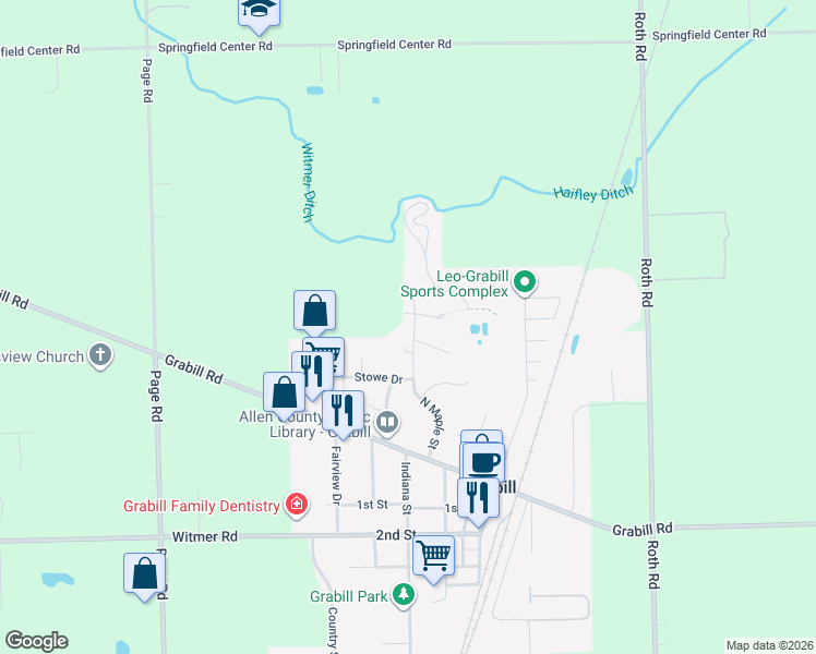 map of restaurants, bars, coffee shops, grocery stores, and more near 14007 N Maple St in Grabill