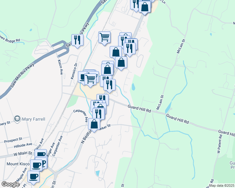map of restaurants, bars, coffee shops, grocery stores, and more near 105 Sutton Drive in Mount Kisco