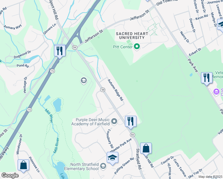 map of restaurants, bars, coffee shops, grocery stores, and more near 123 Autumn Ridge Road in Fairfield