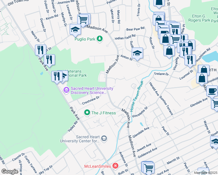 map of restaurants, bars, coffee shops, grocery stores, and more near 35 Leslie Road in Bridgeport