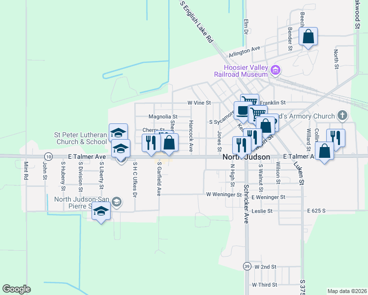 map of restaurants, bars, coffee shops, grocery stores, and more near 108 Sheridan Ave in North Judson