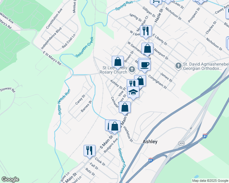 map of restaurants, bars, coffee shops, grocery stores, and more near 13 Timpson St in Ashley