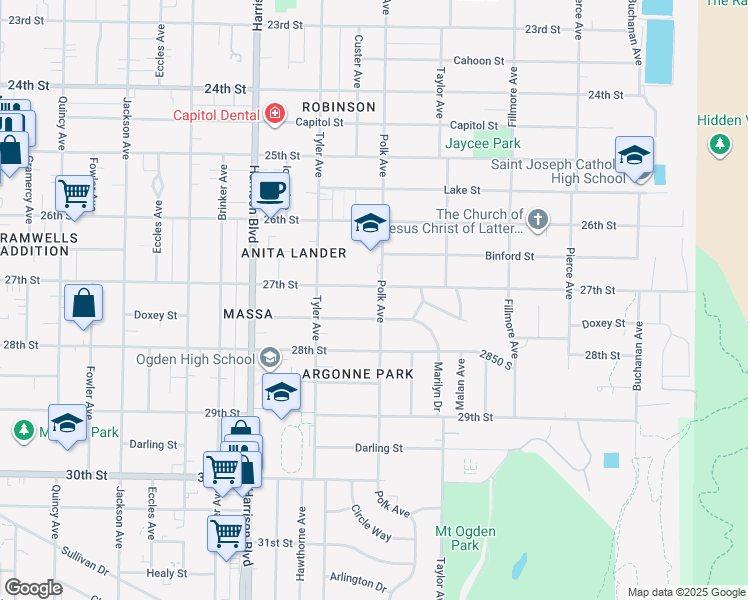 map of restaurants, bars, coffee shops, grocery stores, and more near 2707 Polk Avenue in Ogden