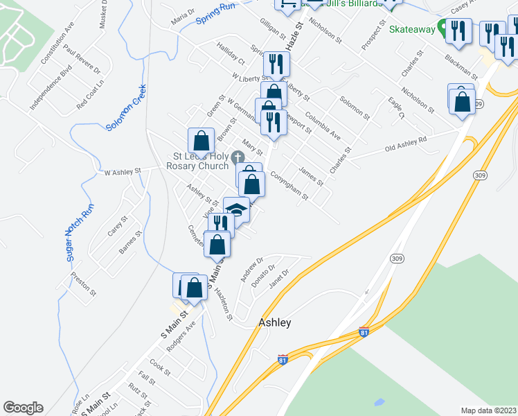 map of restaurants, bars, coffee shops, grocery stores, and more near 10 East Hartford Street in Ashley