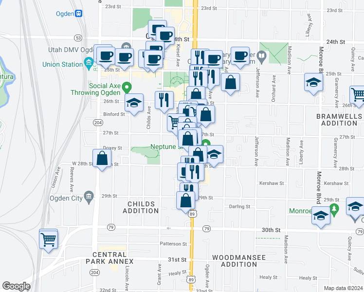 map of restaurants, bars, coffee shops, grocery stores, and more near 2740 Hunters Court in Ogden