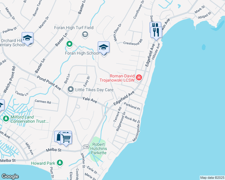 map of restaurants, bars, coffee shops, grocery stores, and more near 20 Foran Road in Milford