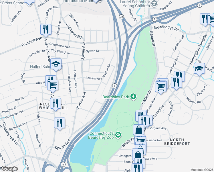 map of restaurants, bars, coffee shops, grocery stores, and more near 477 Seltsam Road in Bridgeport