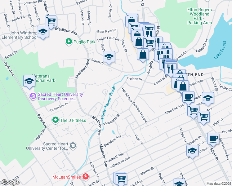 map of restaurants, bars, coffee shops, grocery stores, and more near 141 Kennedy Drive in Bridgeport