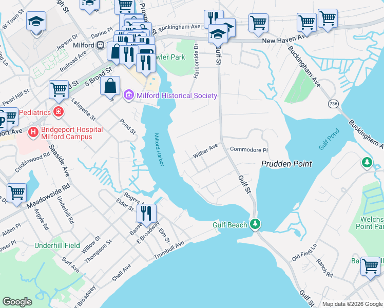 map of restaurants, bars, coffee shops, grocery stores, and more near 54 Wilbar Avenue in Milford